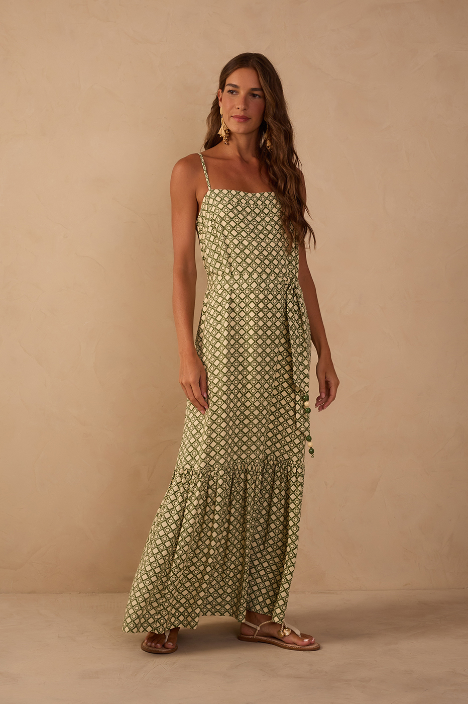 Green Amanhecer Tiered Belted Maxi Dress