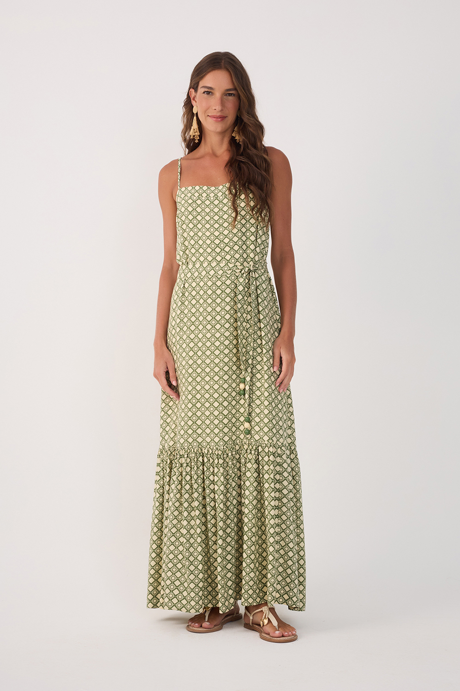 Green Amanhecer Tiered Belted Maxi Dress