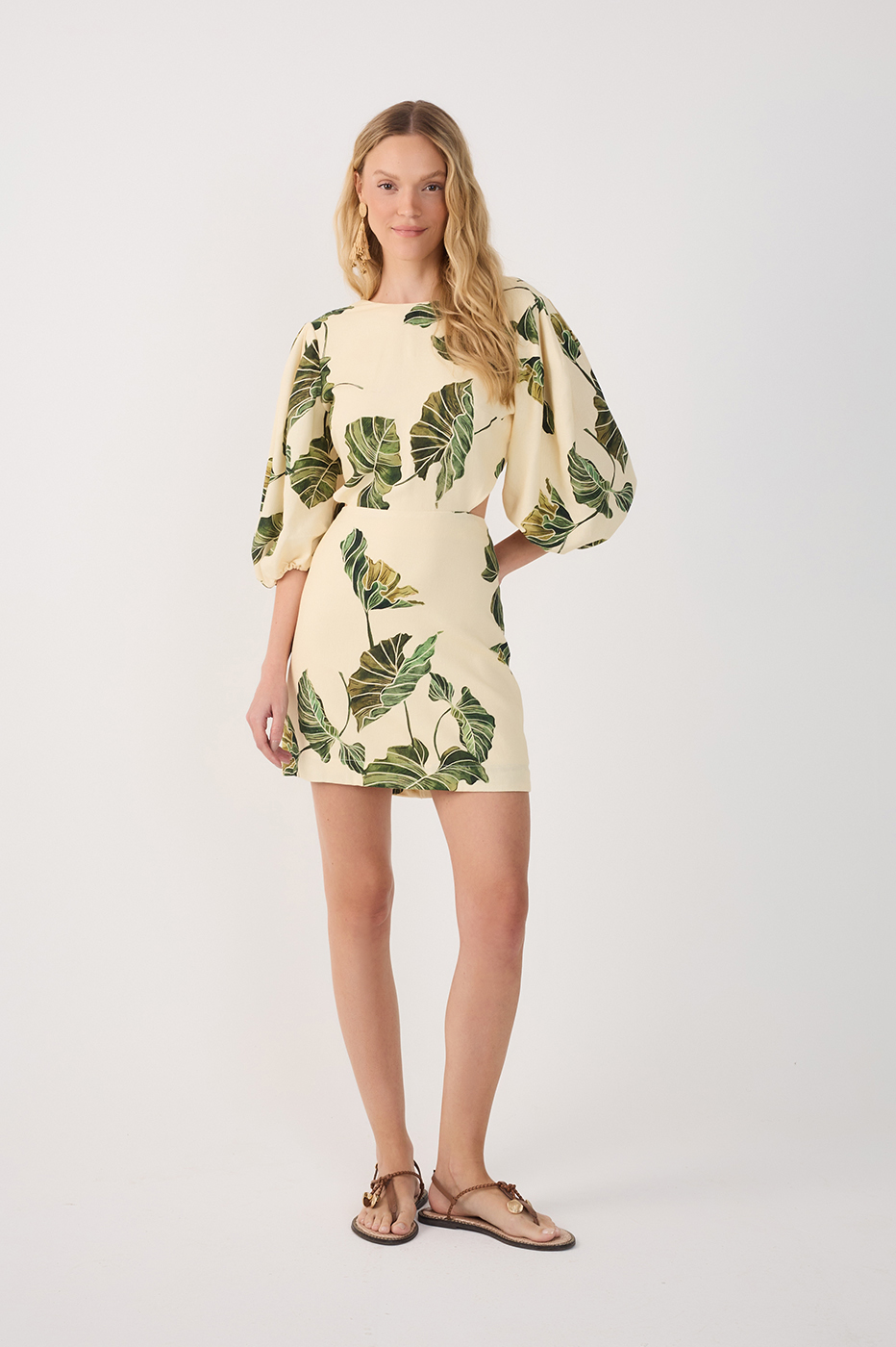 Beige Folhar Cut-Out Linen Mini Dress