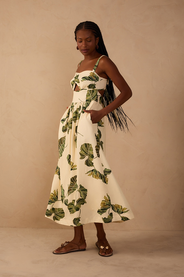 Beige Folhar Cut-Out Linen Midi Dress