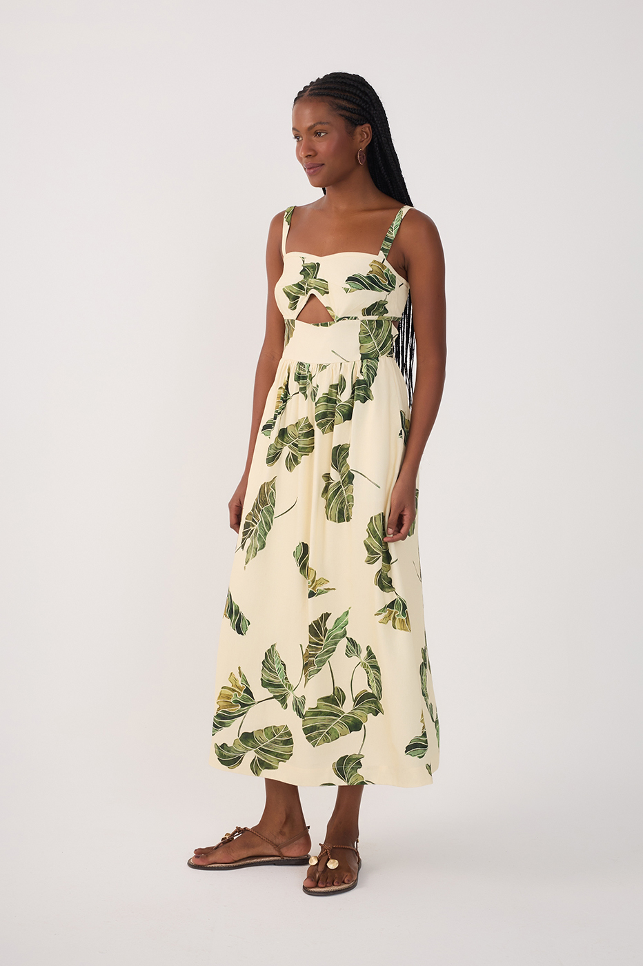 Beige Folhar Cut-Out Linen Midi Dress