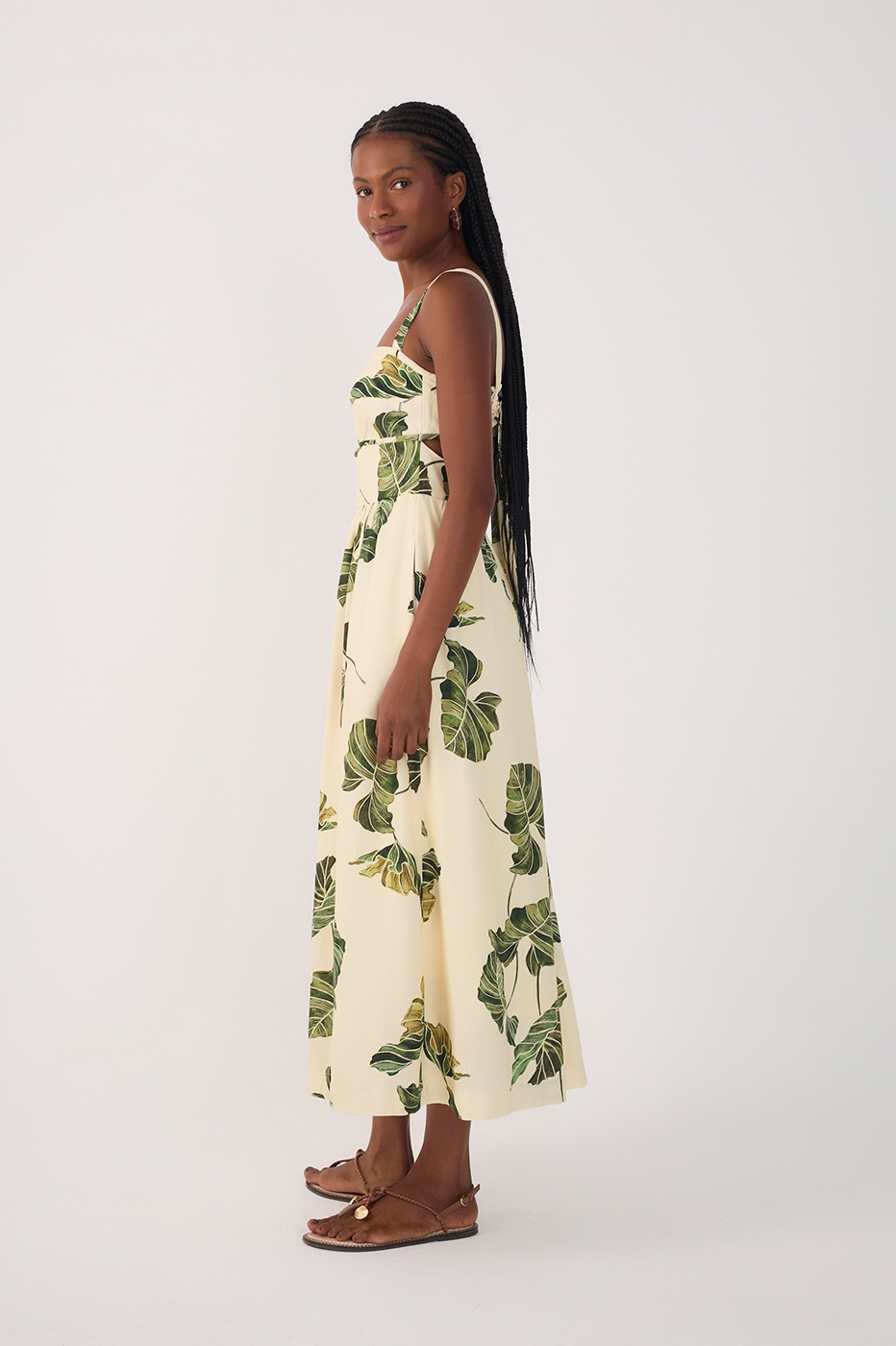Beige Folhar Cut-Out Linen Midi Dress