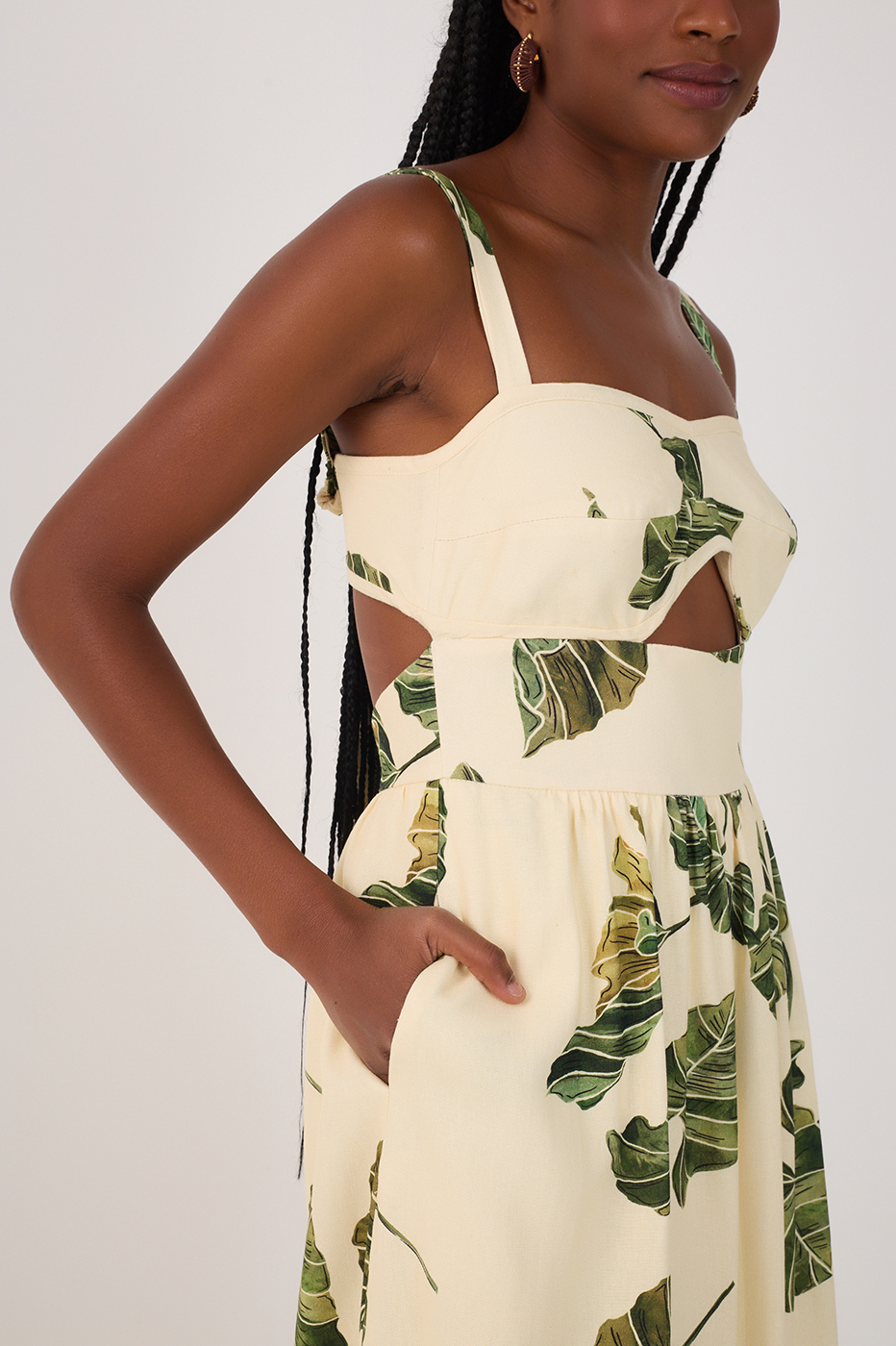 Beige Folhar Cut-Out Linen Midi Dress