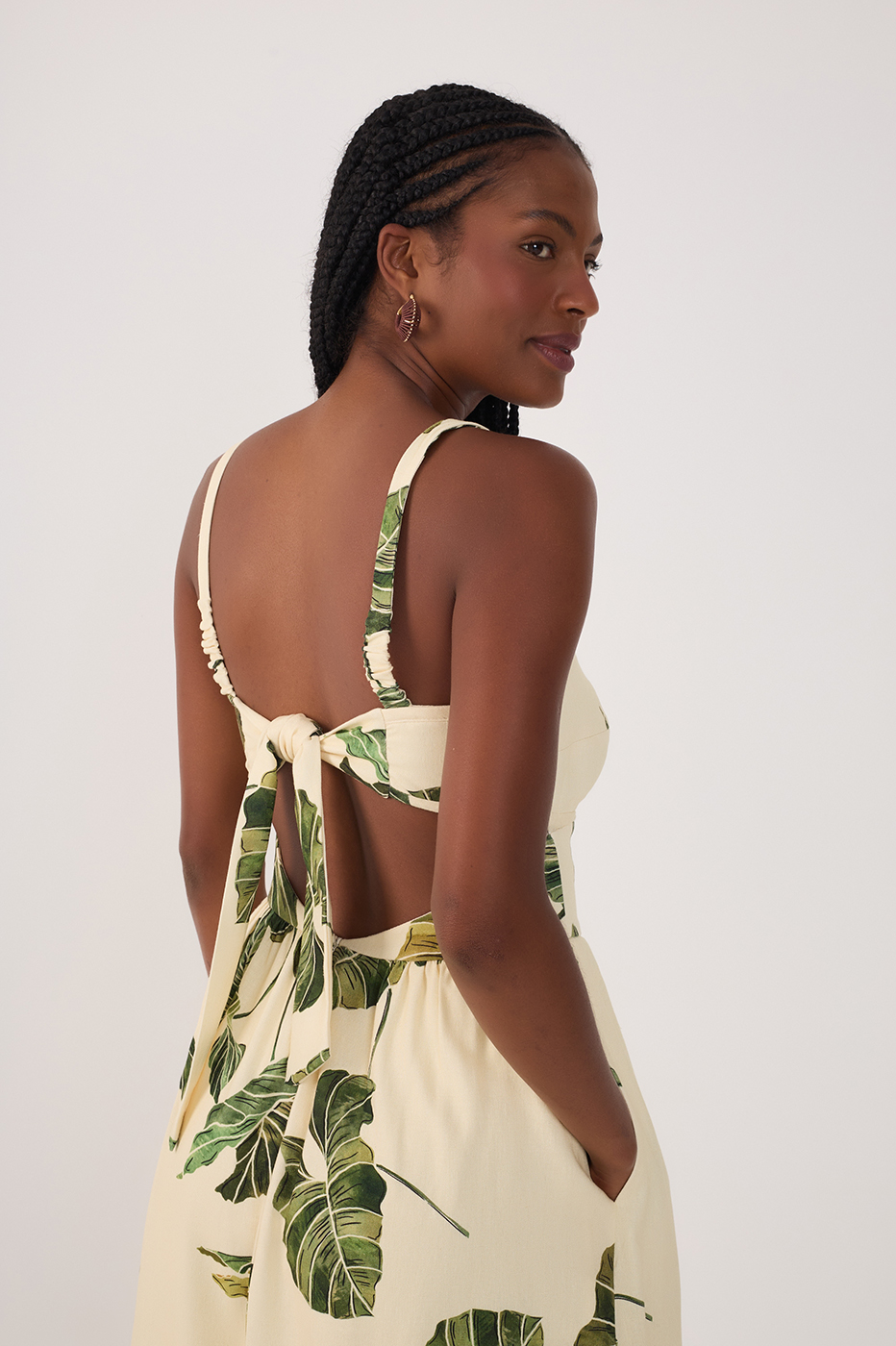Beige Folhar Cut-Out Linen Midi Dress