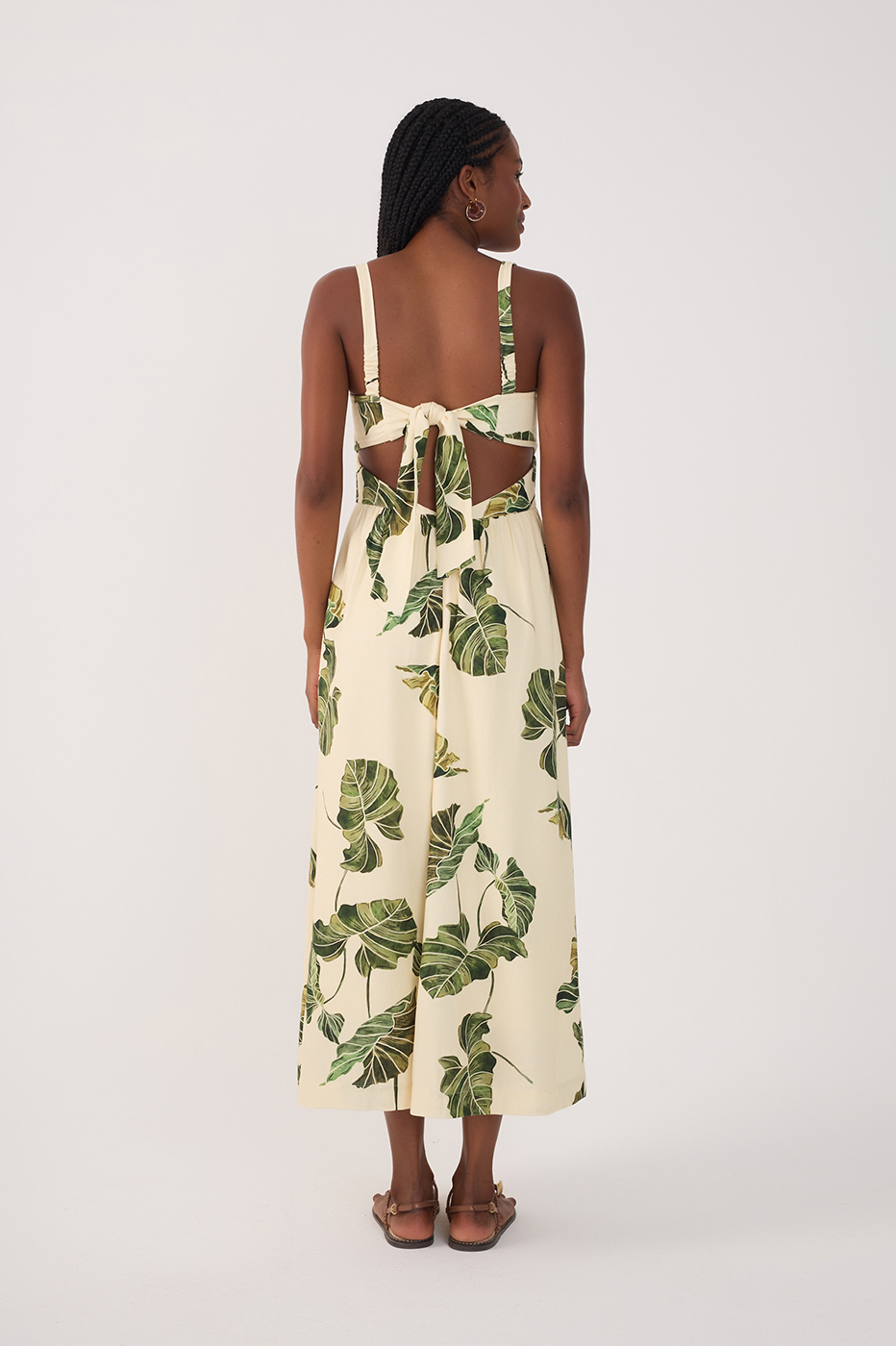 Beige Folhar Cut-Out Linen Midi Dress
