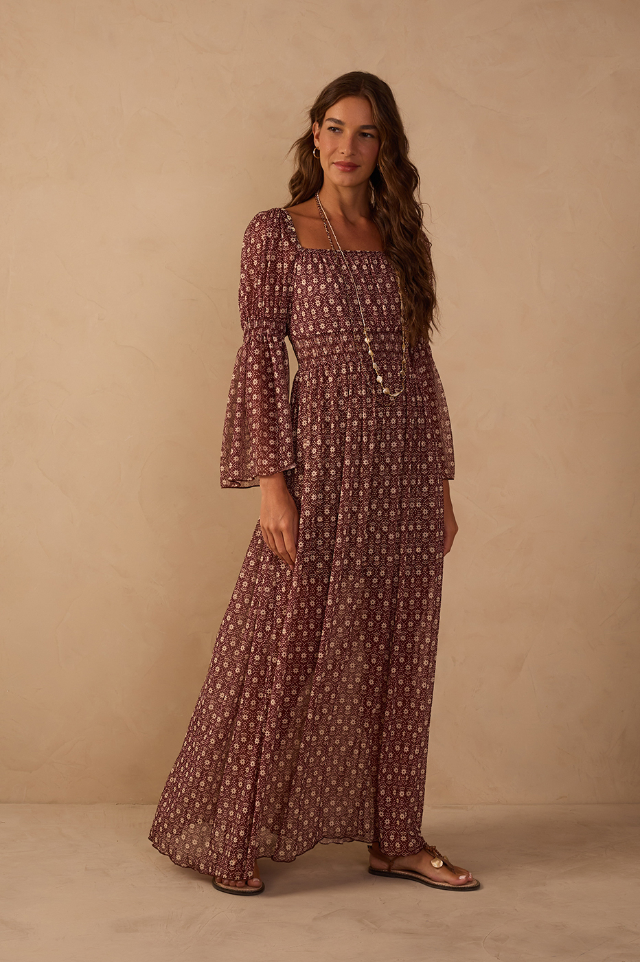 Burgundy Essencia Ruched Sleeve Maxi Dress