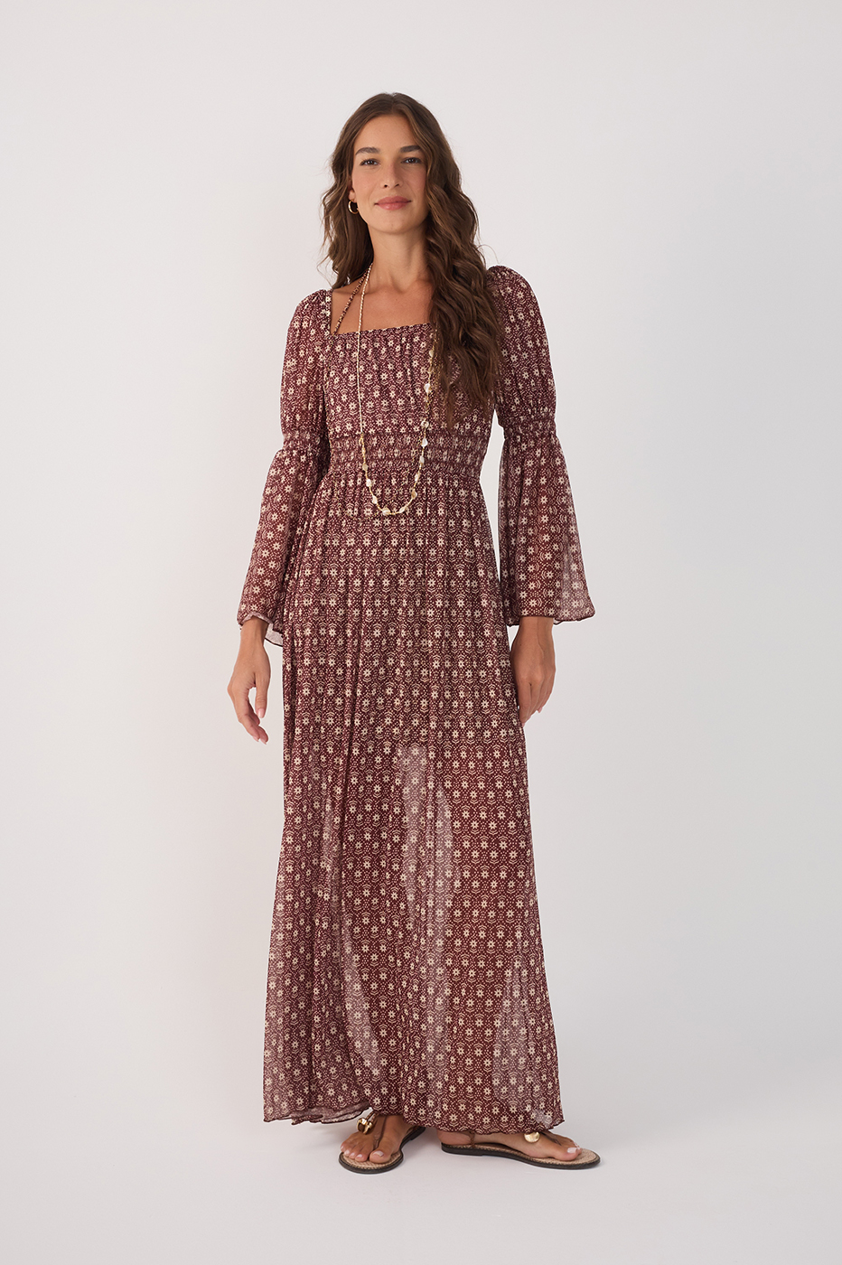 Burgundy Essencia Ruched Sleeve Maxi Dress