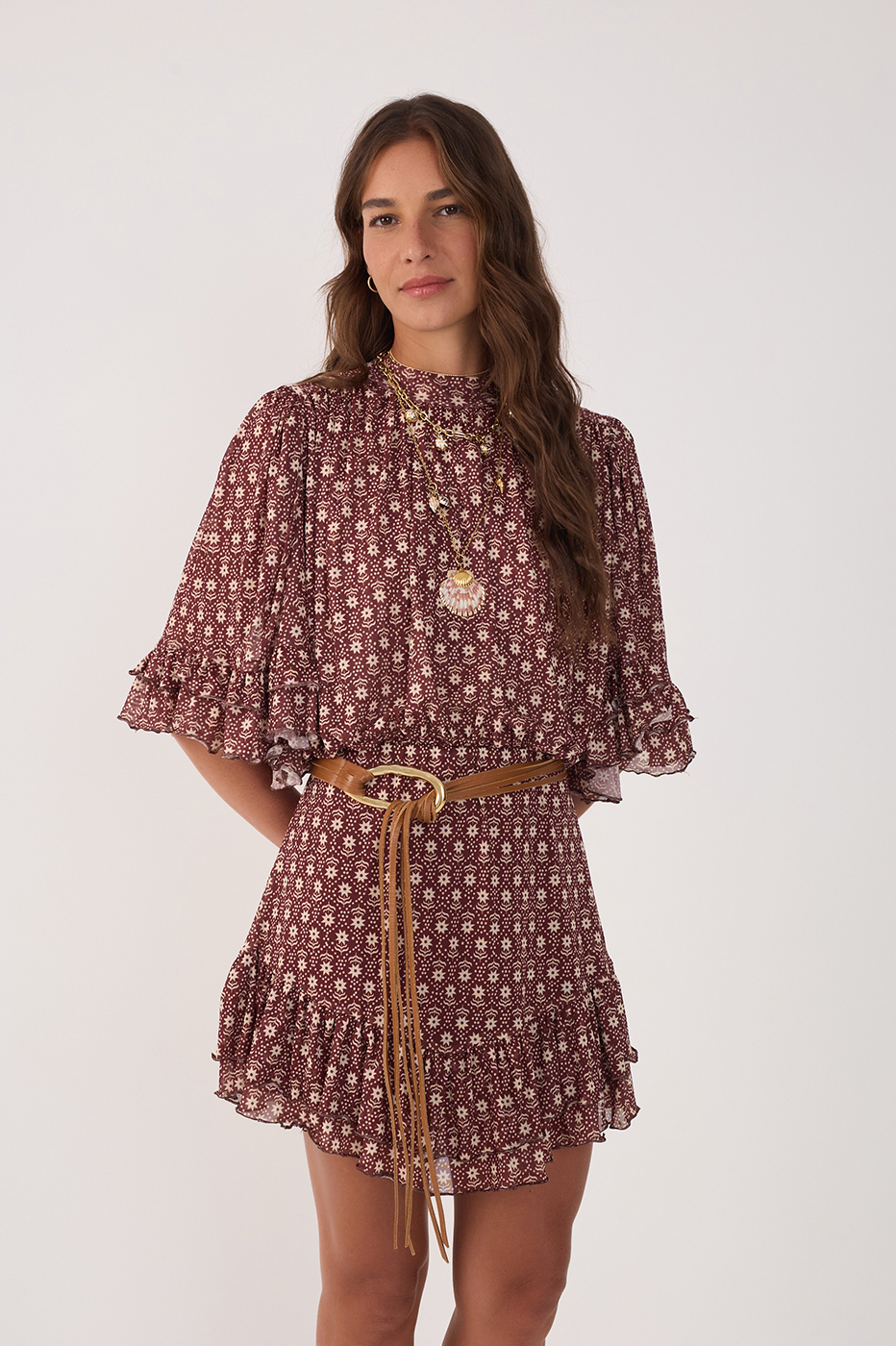 Burgundy Essencia Ruffled Tulle Mini Dress