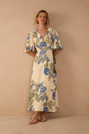 Beige Begonia V Neck Belted Maxi Dress