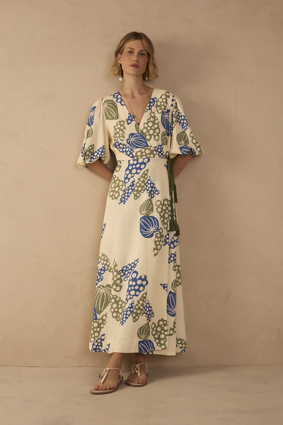 Beige Begonia V Neck Belted Maxi Dress