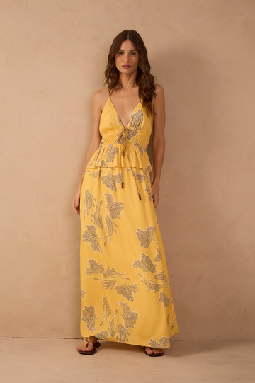 Yellow Laguna V Neck Layered Maxi Dress