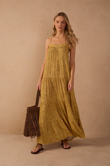 Yellow Gotas Smocked Tiered Maxi Dress