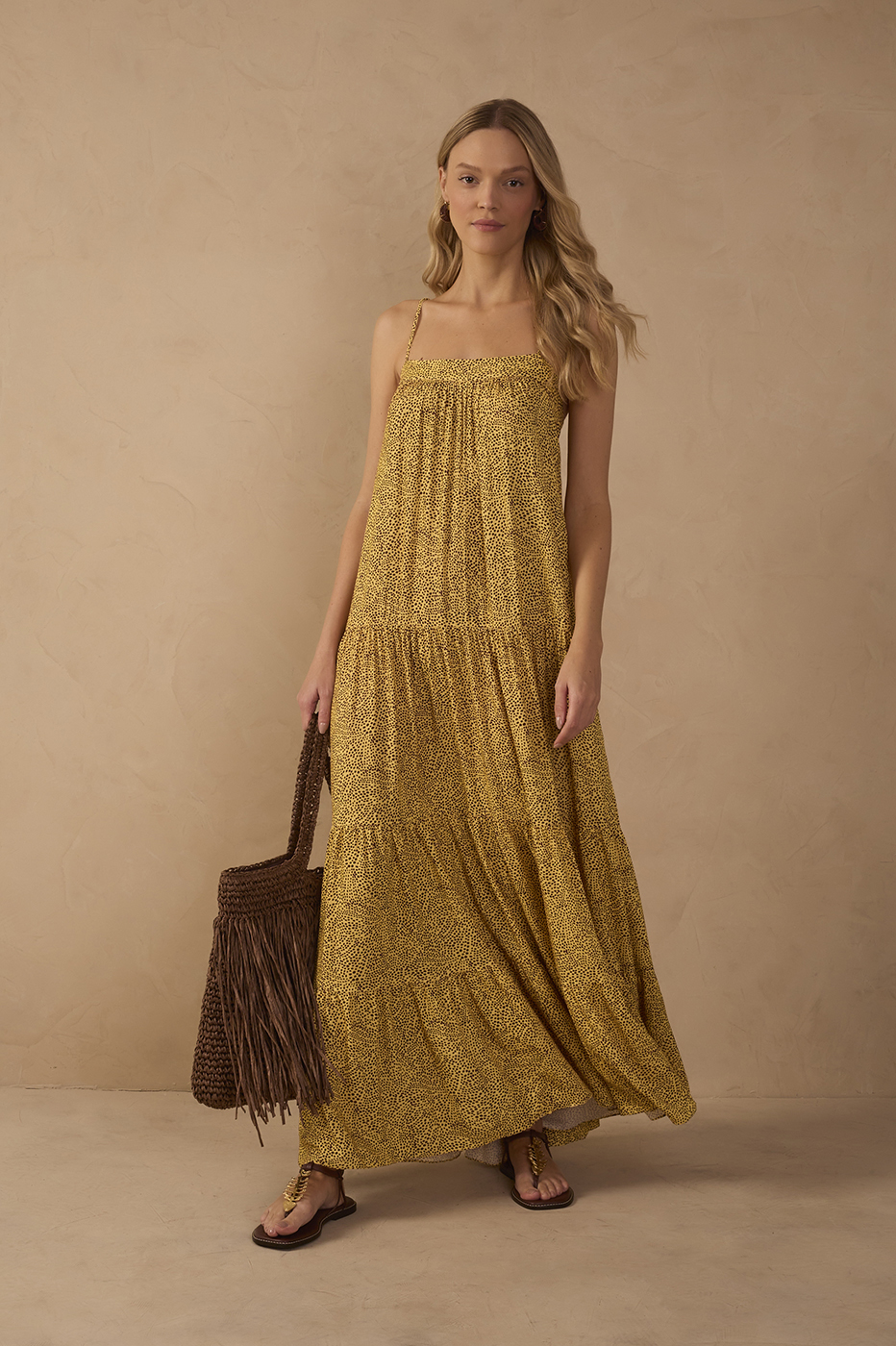 Yellow Gotas Smocked Tiered Maxi Dress