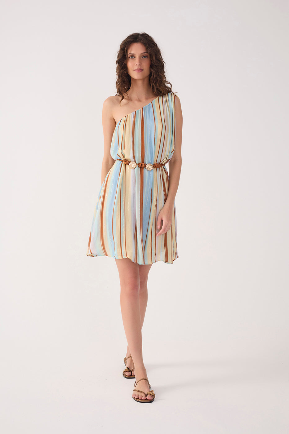 Multicolor Stripes C¨¦u One-Shoulder Lurex Mini Dress