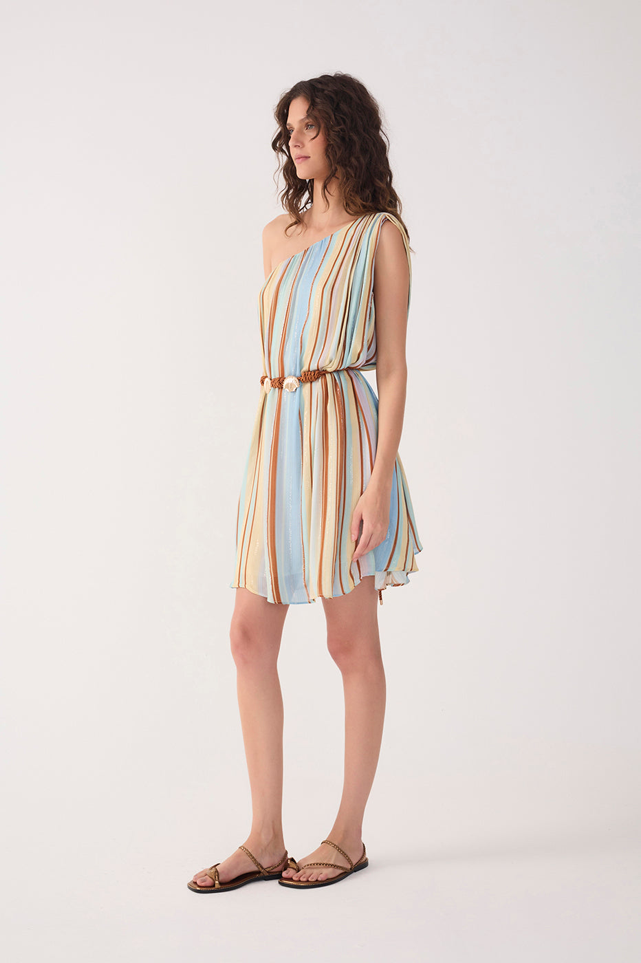 Multicolor Stripes C¨¦u One-Shoulder Lurex Mini Dress