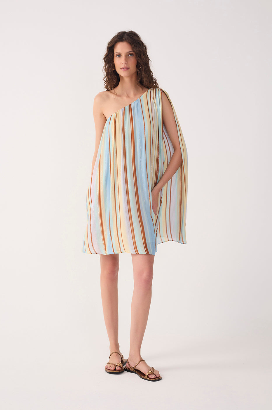 Multicolor Stripes C¨¦u One-Shoulder Lurex Mini Dress