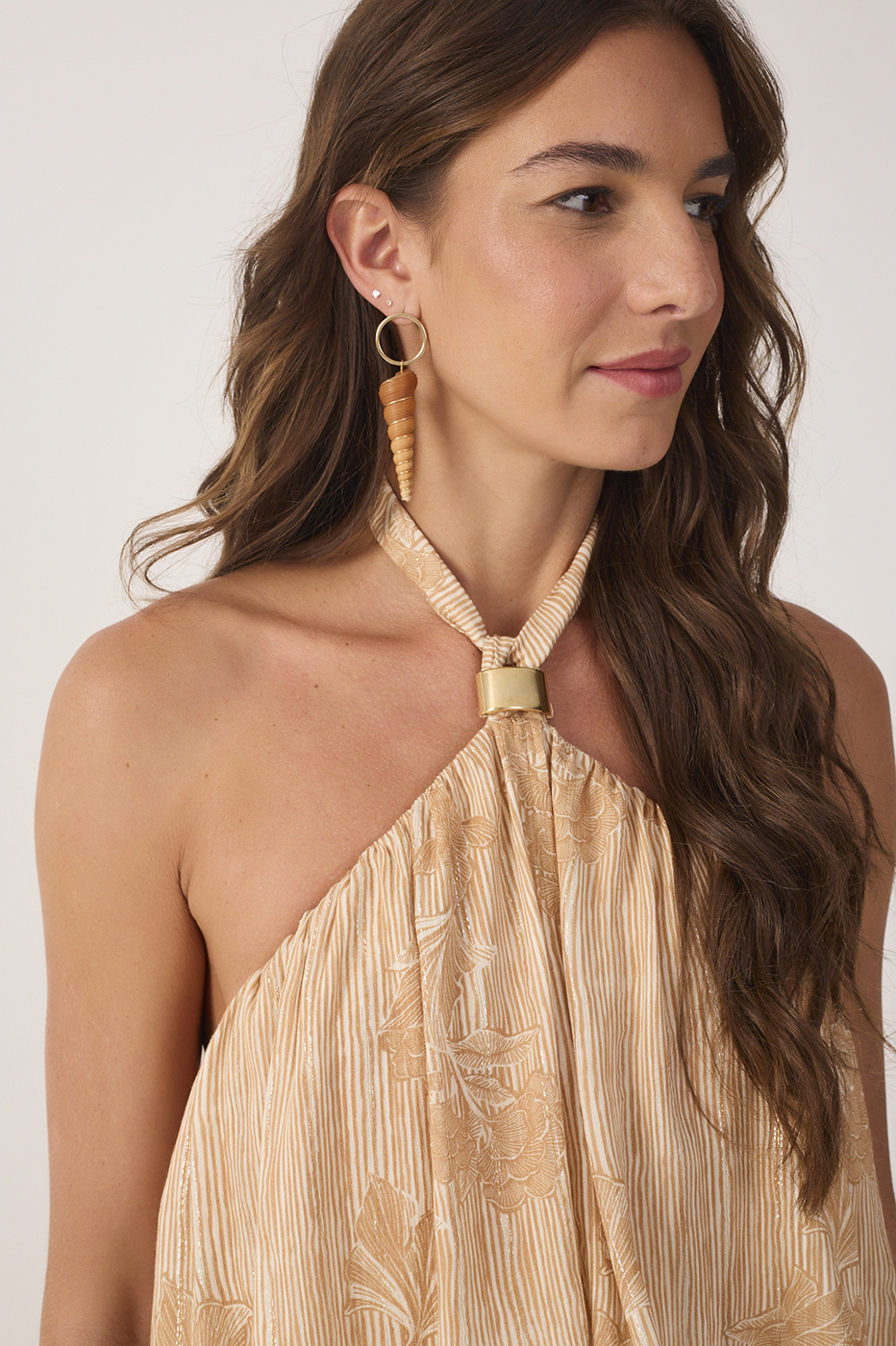 Beige Oceano Halter Neck Lurex Mini Dress