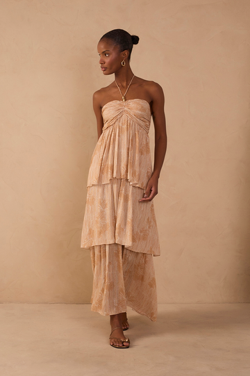 Beige Oceano Smocked Ruffled Maxi Dress