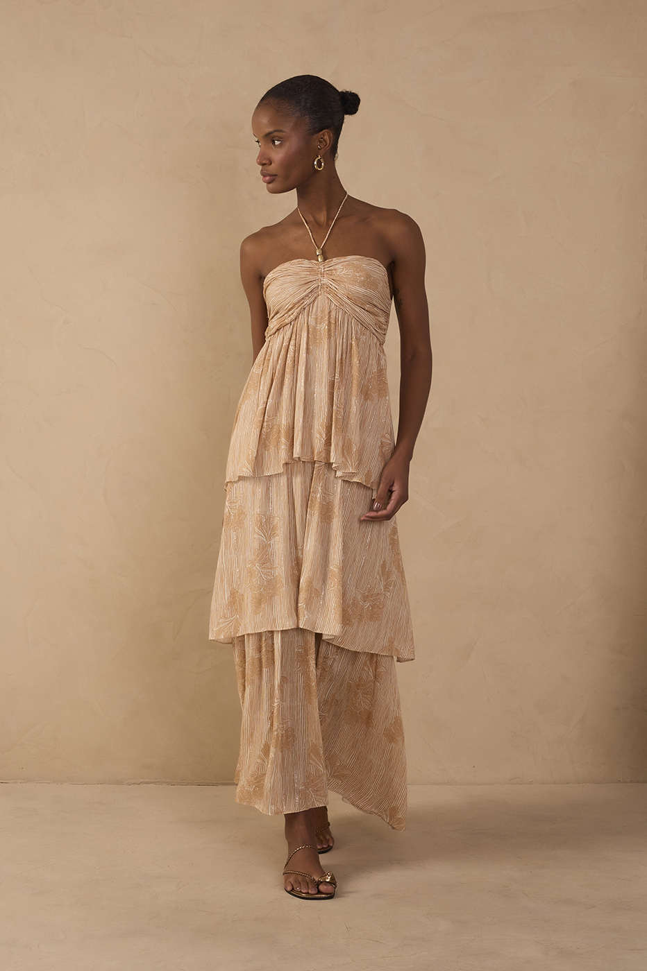 Beige Oceano Smocked Ruffled Maxi Dress