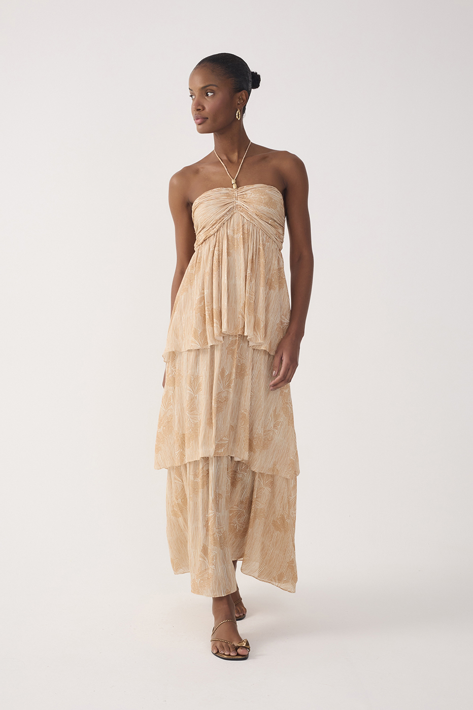 Beige Oceano Smocked Ruffled Maxi Dress