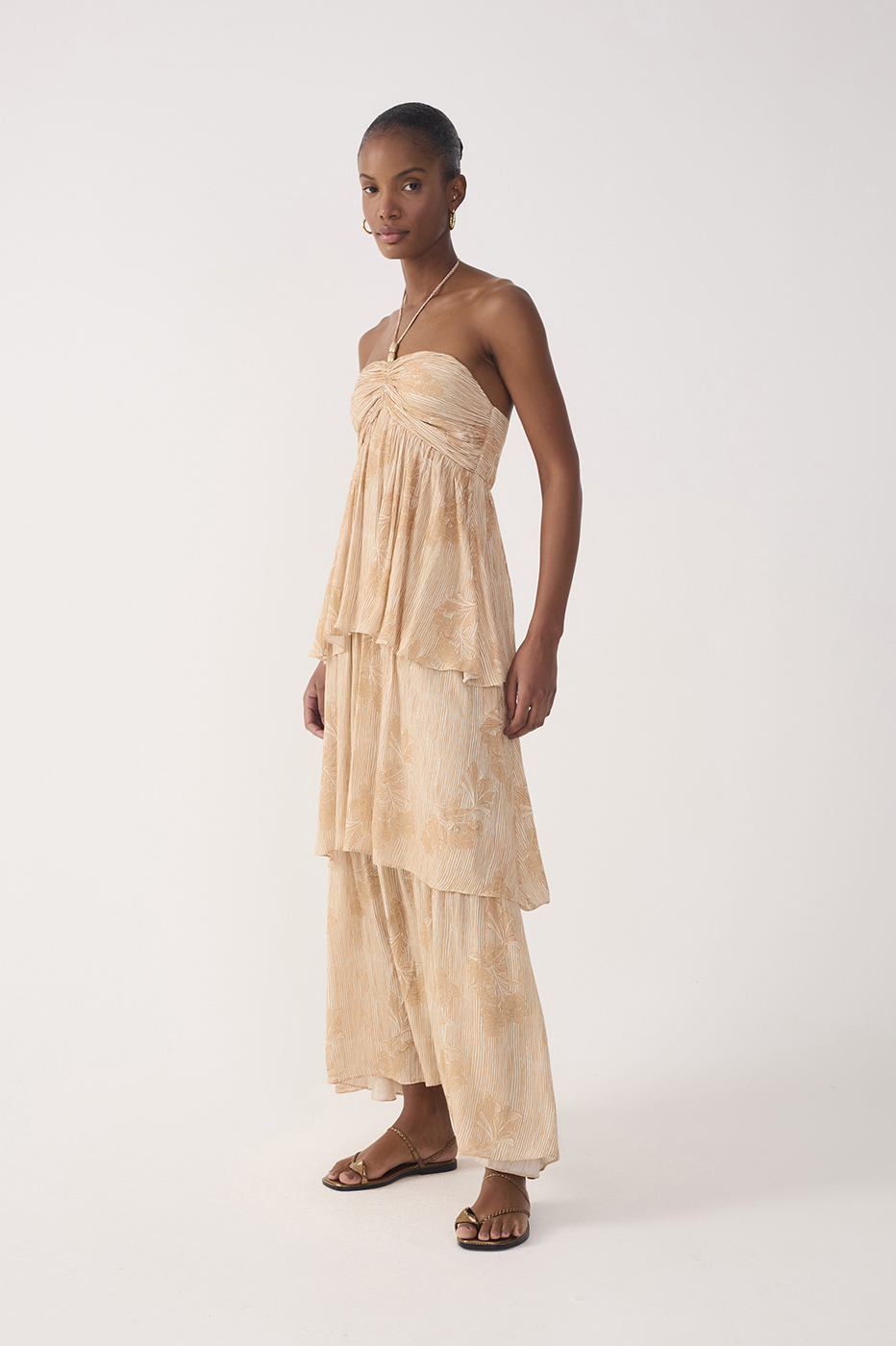Beige Oceano Smocked Ruffled Maxi Dress