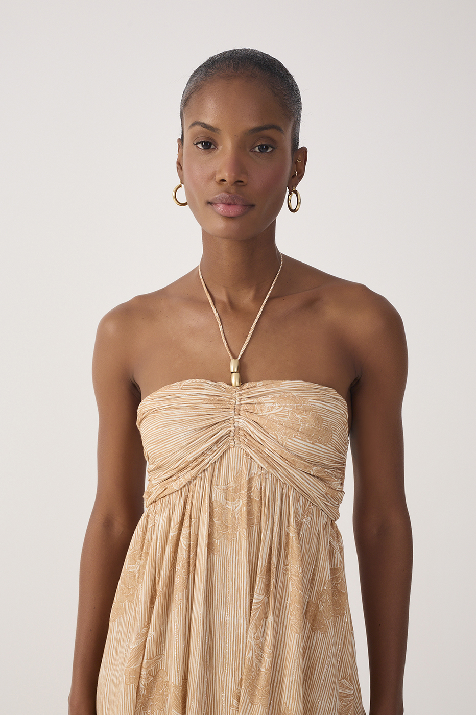 Beige Oceano Smocked Ruffled Maxi Dress