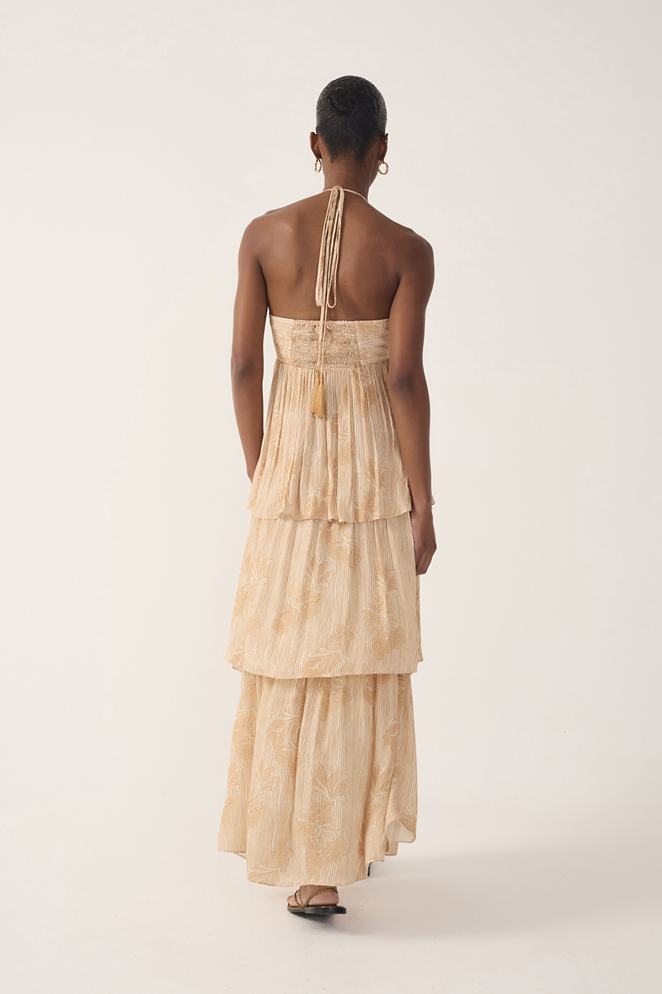 Beige Oceano Smocked Ruffled Maxi Dress