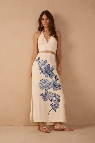 Off-White Flor Top and Maxi Skirt Linen Set