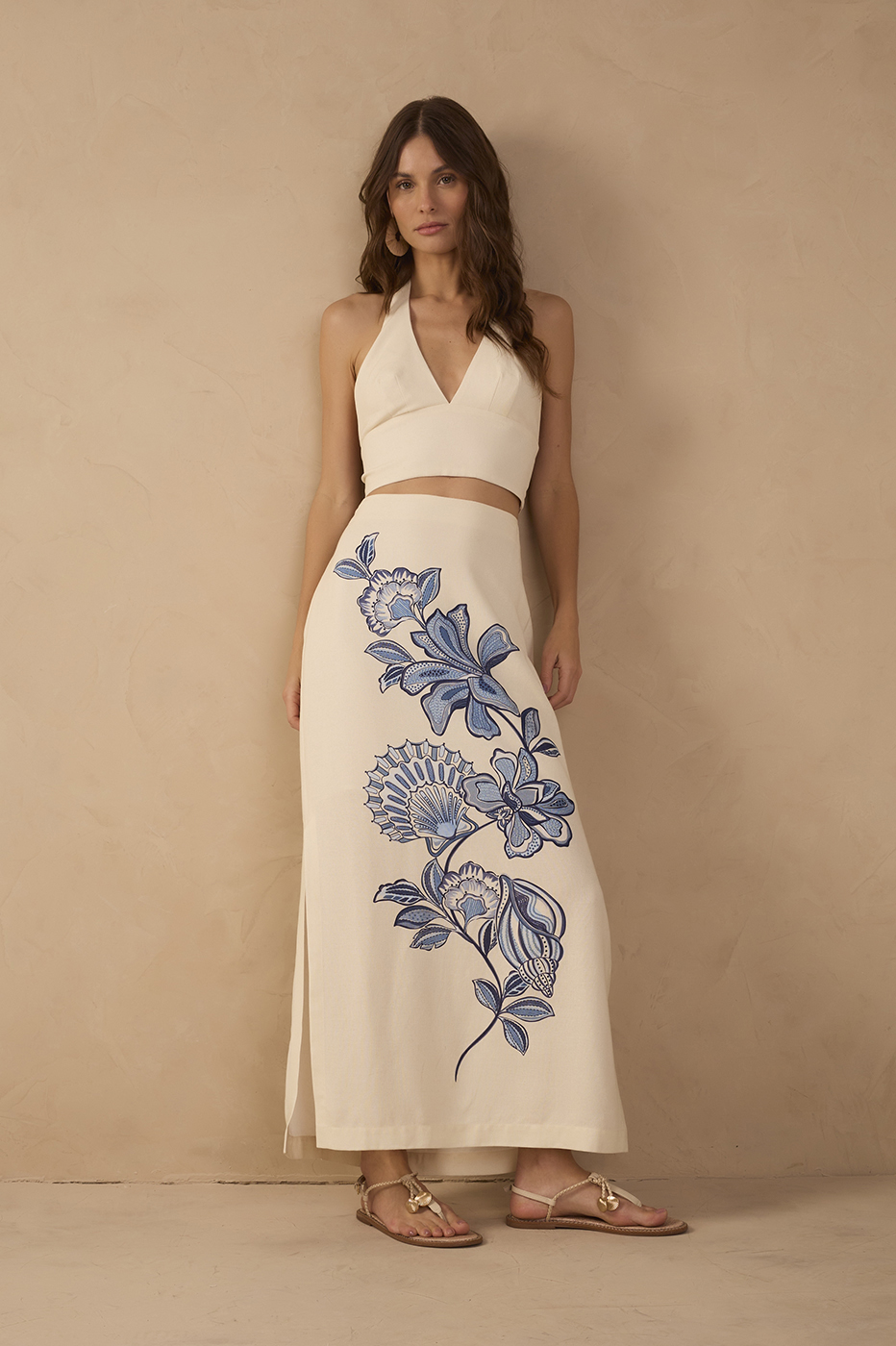 Off-White Flor Top and Maxi Skirt Linen Set