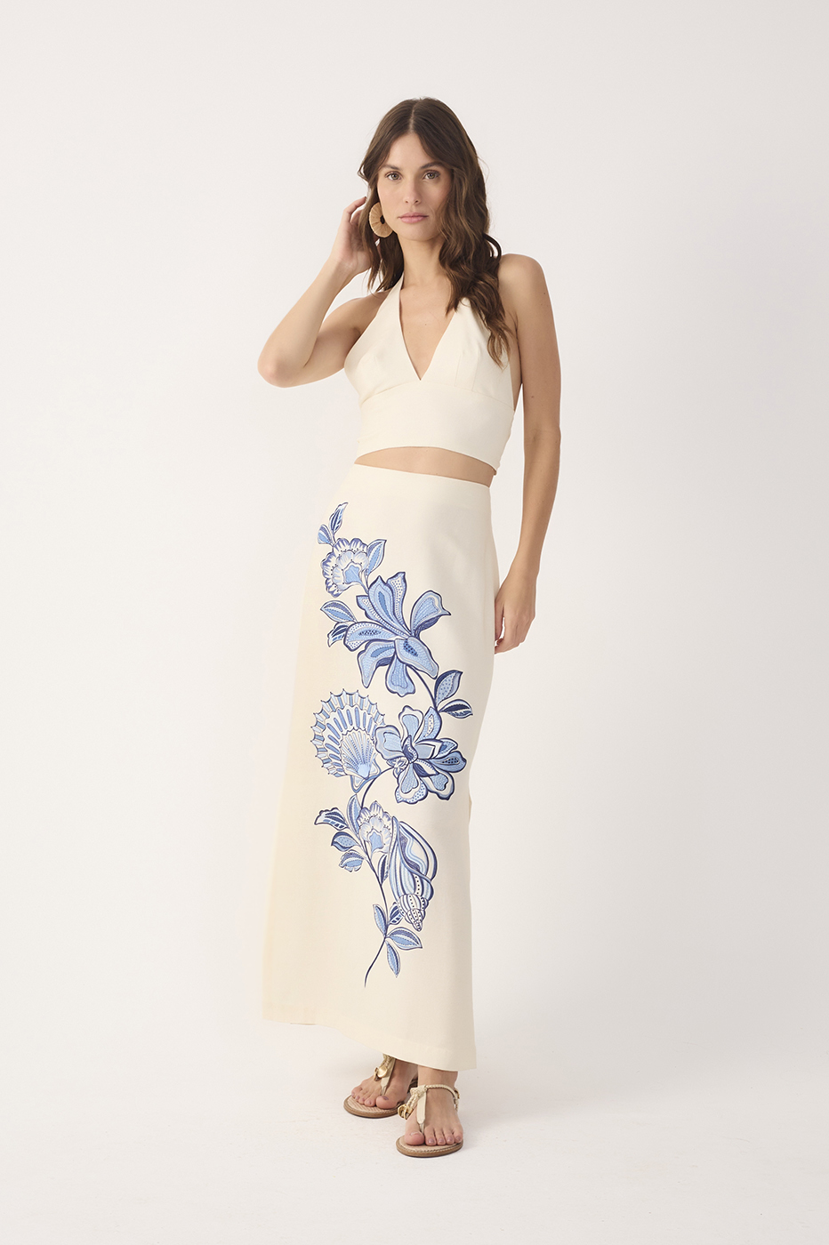 Off-White Flor Top and Maxi Skirt Linen Set
