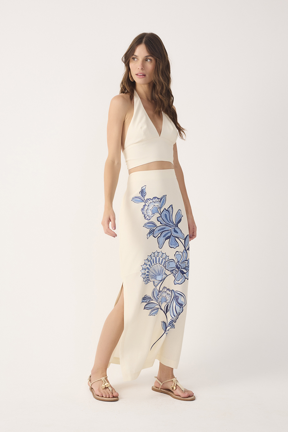 Off-White Flor Top and Maxi Skirt Linen Set