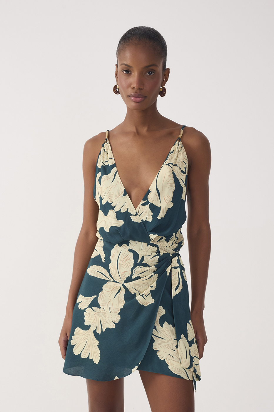 Green P¨¦tala V Neck Wrap Mini Dress