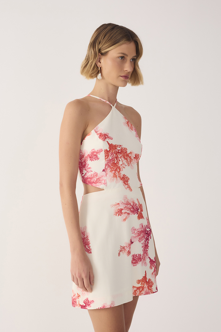 Off-White Coral Halter Neck Linen Mini Dress