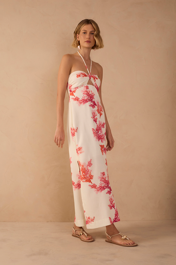 Off-White Coral Halter Neck Linen Midi Dress