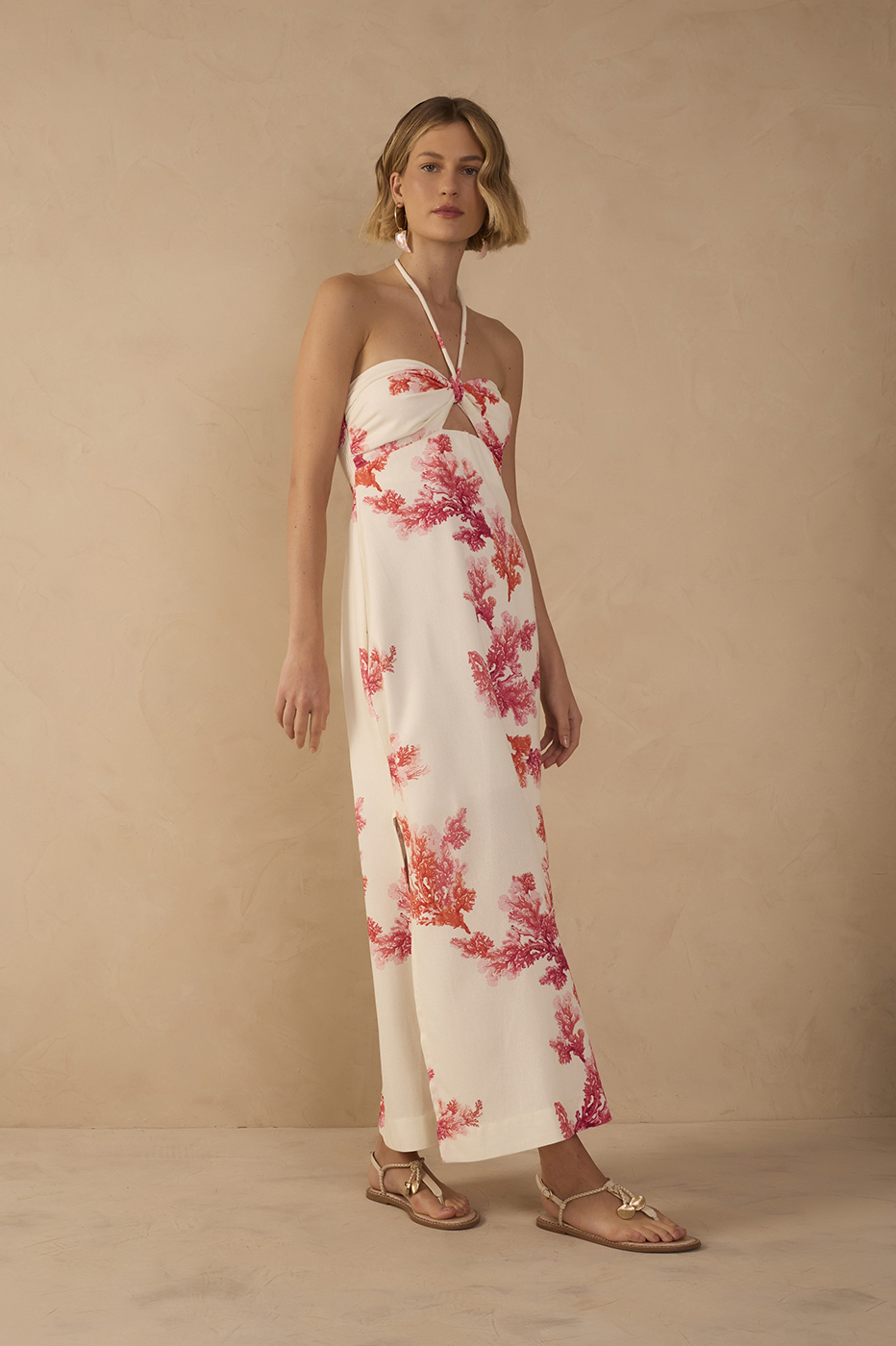 Off-White Coral Halter Neck Linen Midi Dress