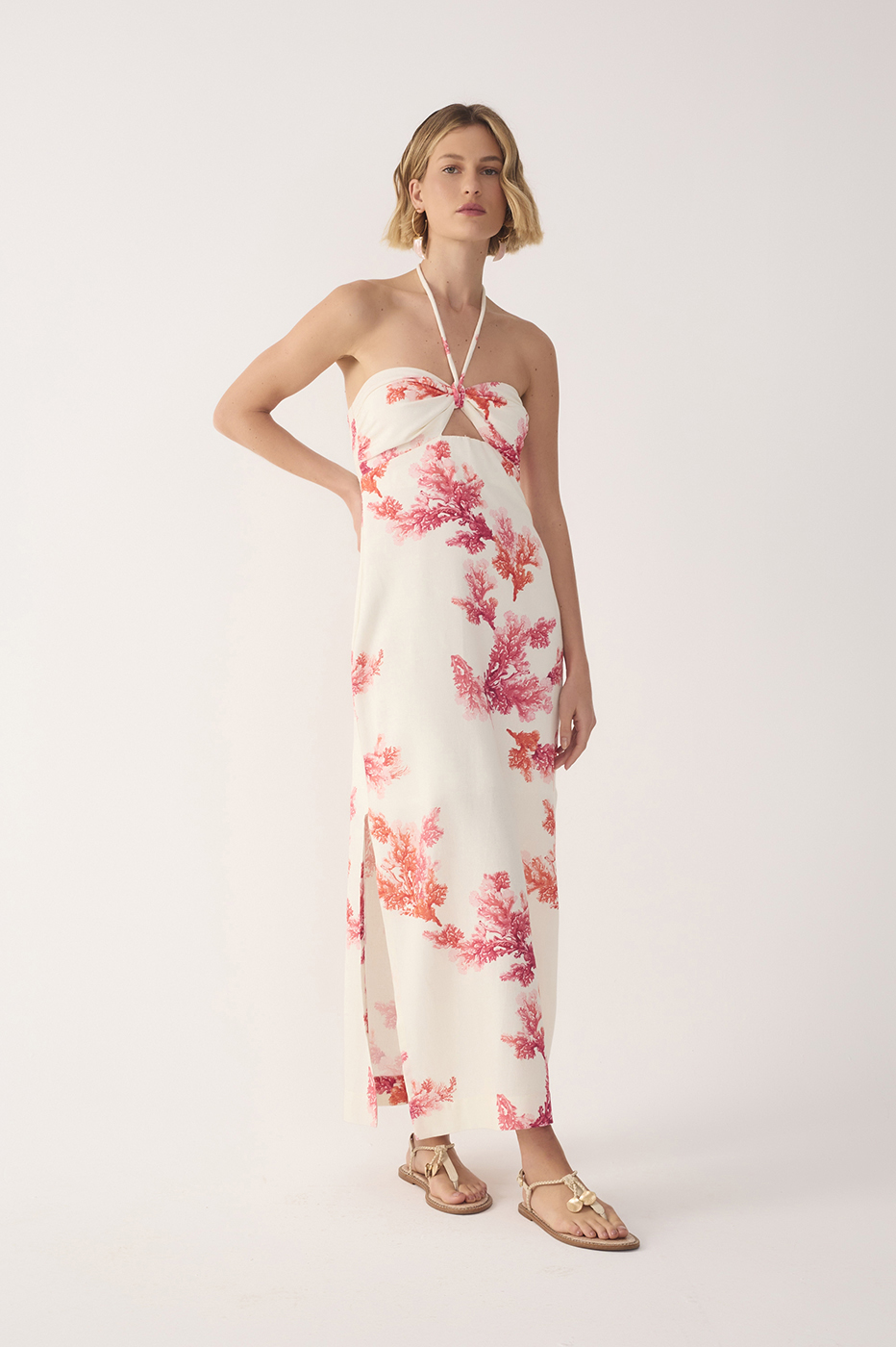 Off-White Coral Halter Neck Linen Midi Dress