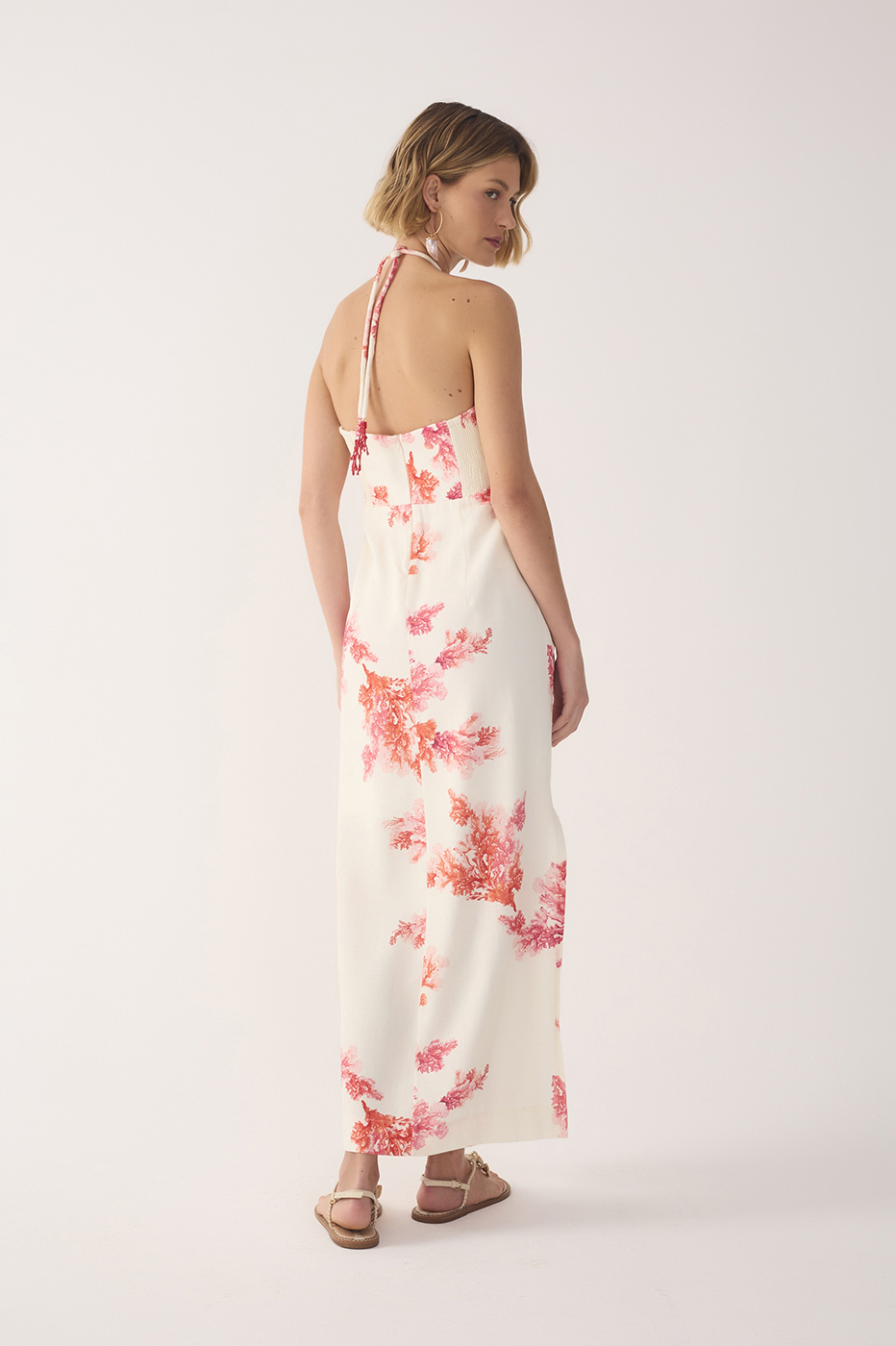 Off-White Coral Halter Neck Linen Midi Dress