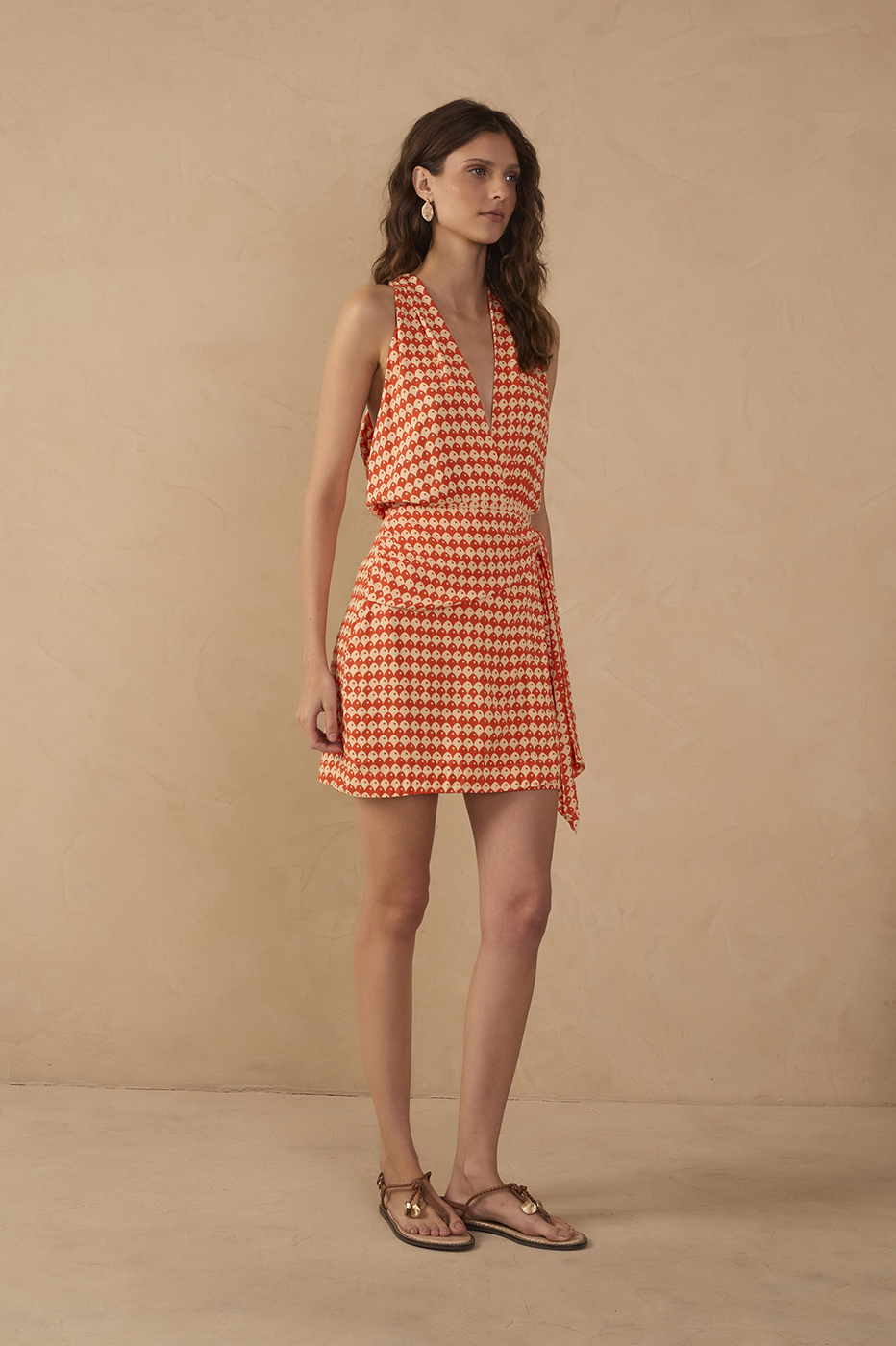 Red Escama V Neck Wrap Mini Dress