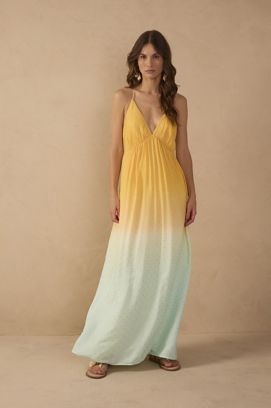 Bicolor Nascente V Neck Lurex Maxi Dress