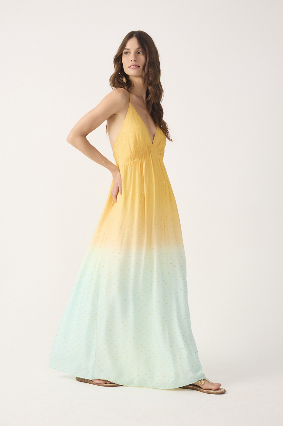 Bicolor Nascente V Neck Lurex Maxi Dress