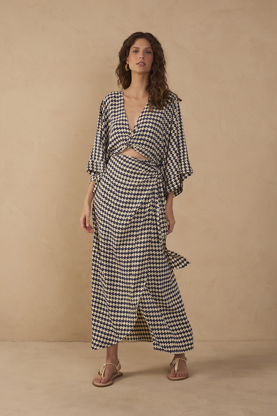 Blue Escama Kimono Sleeve Wrap Maxi Dress