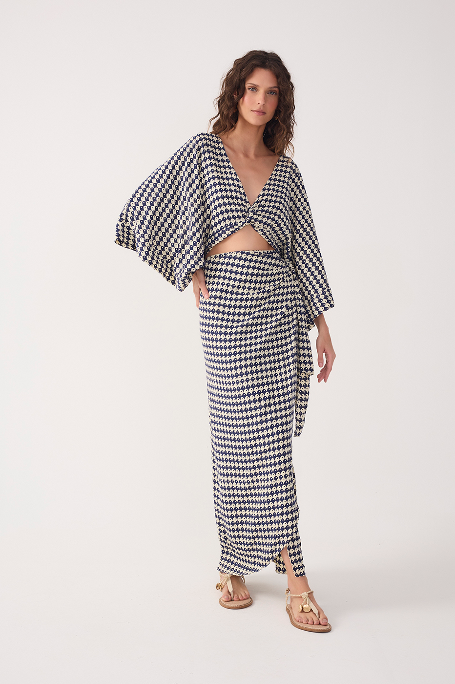 Blue Escama Kimono Sleeve Wrap Maxi Dress