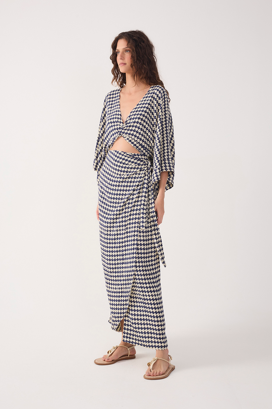 Blue Escama Kimono Sleeve Wrap Maxi Dress