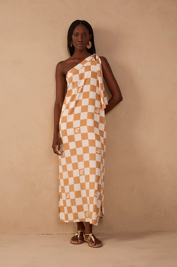 Brown Concha Plaid One-Shoulder Tie Maxi Dress