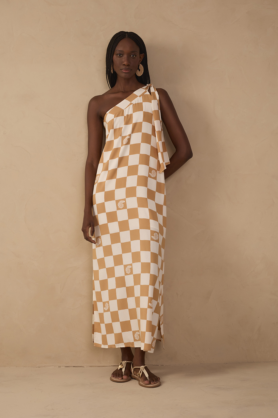 Brown Concha Plaid One-Shoulder Tie Maxi Dress
