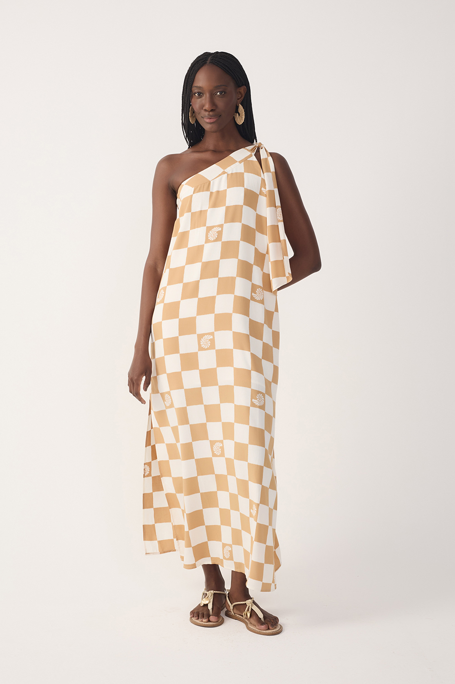 Brown Concha Plaid One-Shoulder Tie Maxi Dress