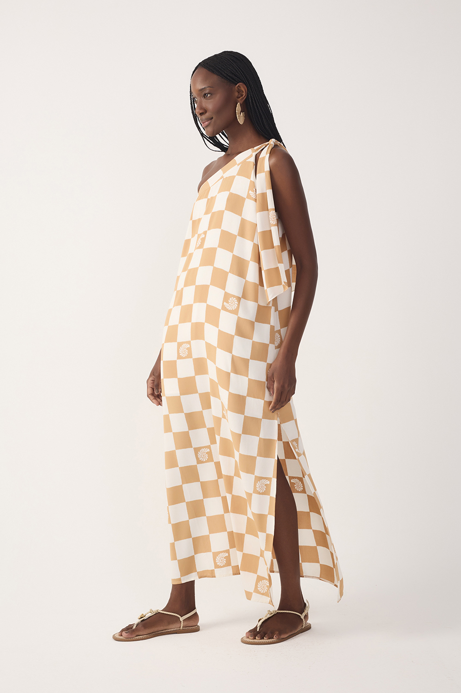 Brown Concha Plaid One-Shoulder Tie Maxi Dress