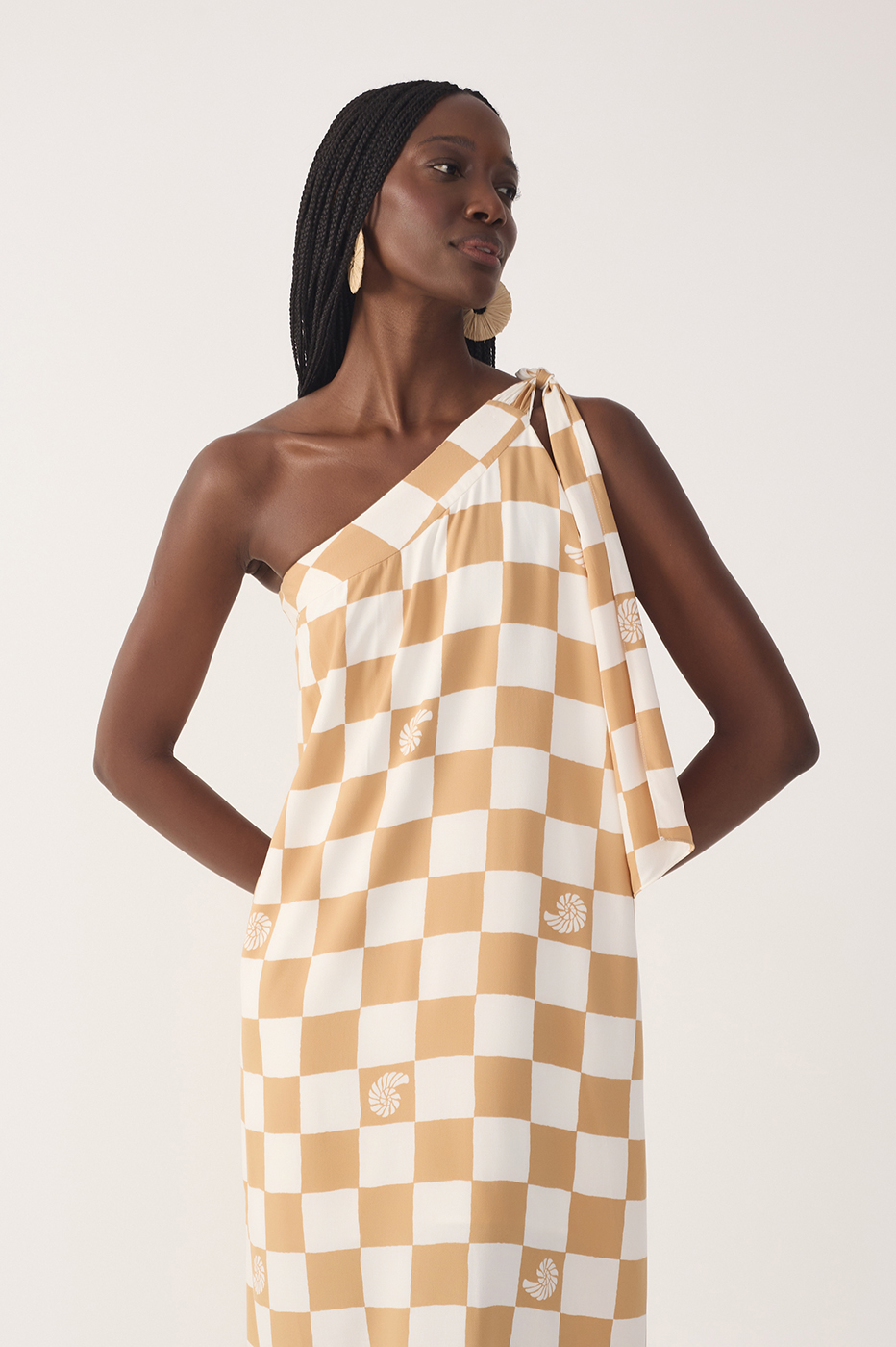 Brown Concha Plaid One-Shoulder Tie Maxi Dress