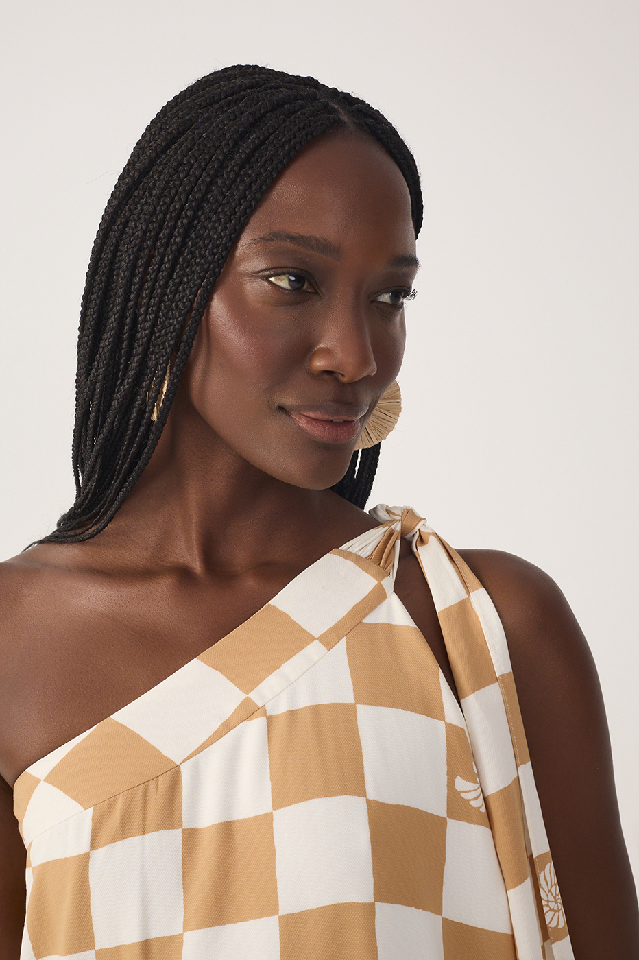 Brown Concha Plaid One-Shoulder Tie Maxi Dress