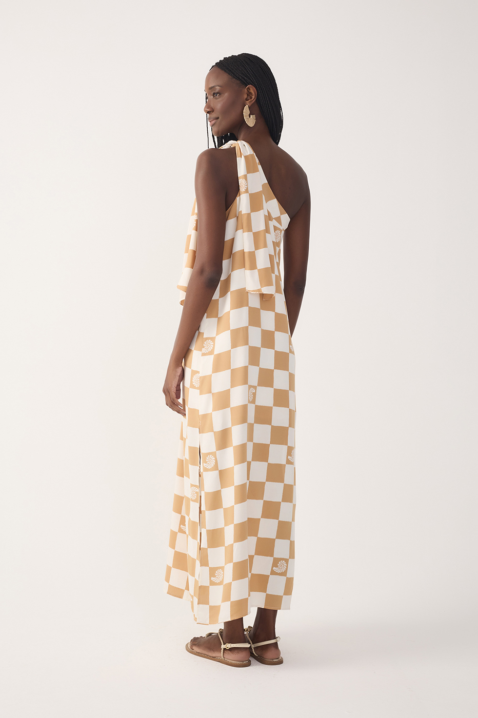 Brown Concha Plaid One-Shoulder Tie Maxi Dress